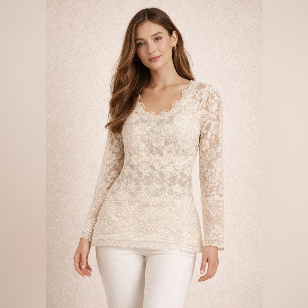 Ilse Jacobsen Y2K Cream Lace Top Size M Romantic Floral Sheer Ethereal Indie